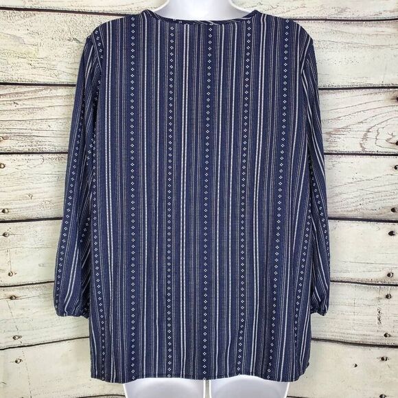 Como Vintage Women’s Navy Blue Striped Boho Peasant Top L Tie Neck Long Sleeve - Picture 4 of 7